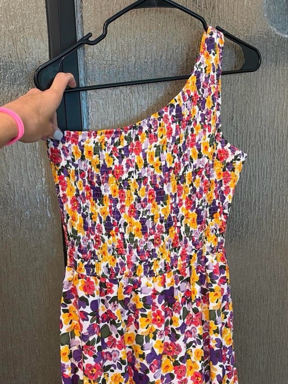 Floral One-Shoulder Smocked Women’s Top - Yellow & Purple